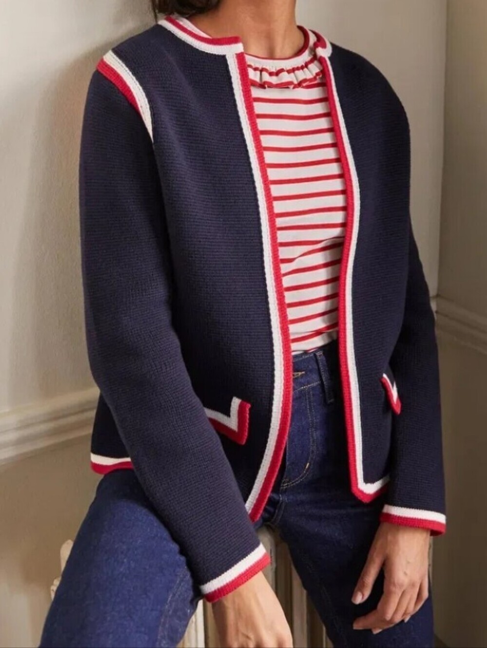 Boden Holly Knitted Navy Cropped Cardigan with Red & White Trim Size 8.